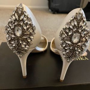 Badgley Mischka white satin heels